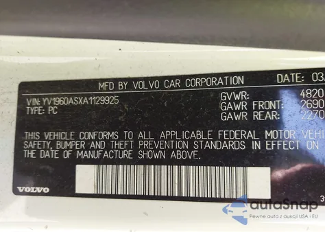 2010 Volvo S80 3.2 из США, поврежденный, VIN YV1960ASXA1129925